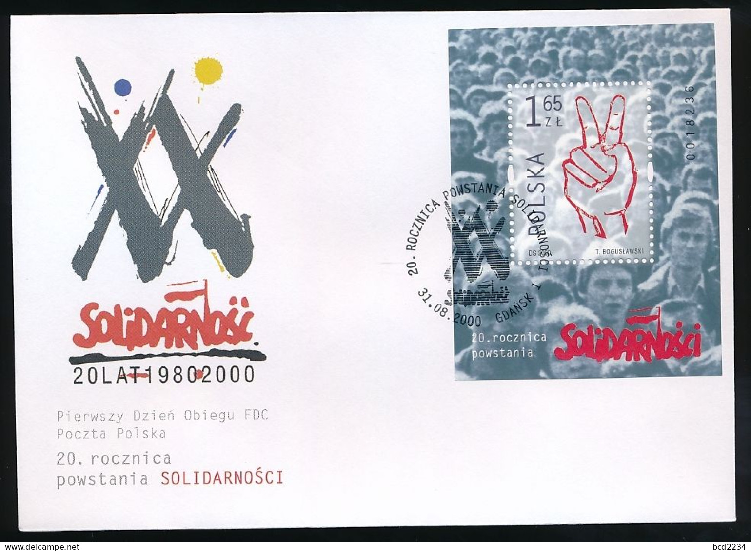 POLAND FDC 2000 SOLIDARITY SOLIDARNOSC 20TH ANNIV OF THE TRADE UNION MS V FOR VICTORY SIGN 2 FINGERS GDANSK DANZIG - Vignettes Solidarnosc