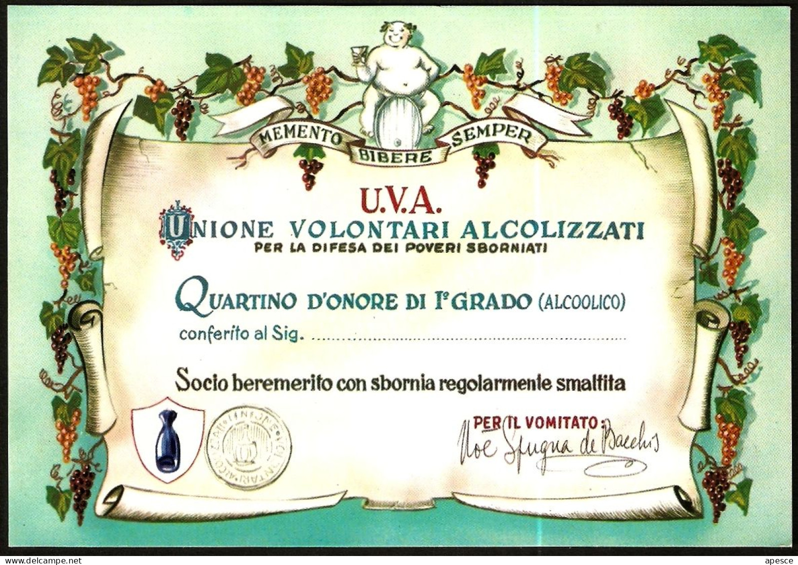 ITALIA - U.V.A. UNIONE VOLONTARI ALCOLIZZATI - QUARTINO D'ONORE DI 1° GRADO (ALCOOLICO) - NUOVA - I - Humor