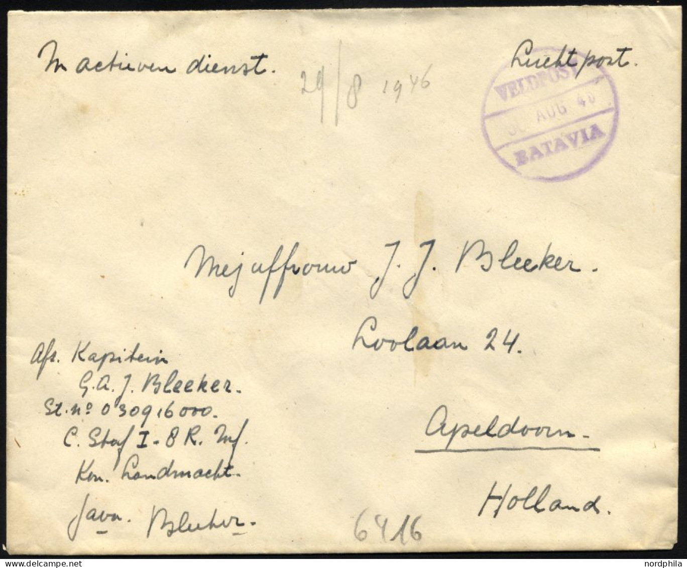 NIEDERLÄNDISCH-INDIEN 1946, Violetter K1 VELDPOST/Datum/BATAVIA Und Handschriftlicher Vermerk In Active Dienst Auf Luft- - Indes Néerlandaises