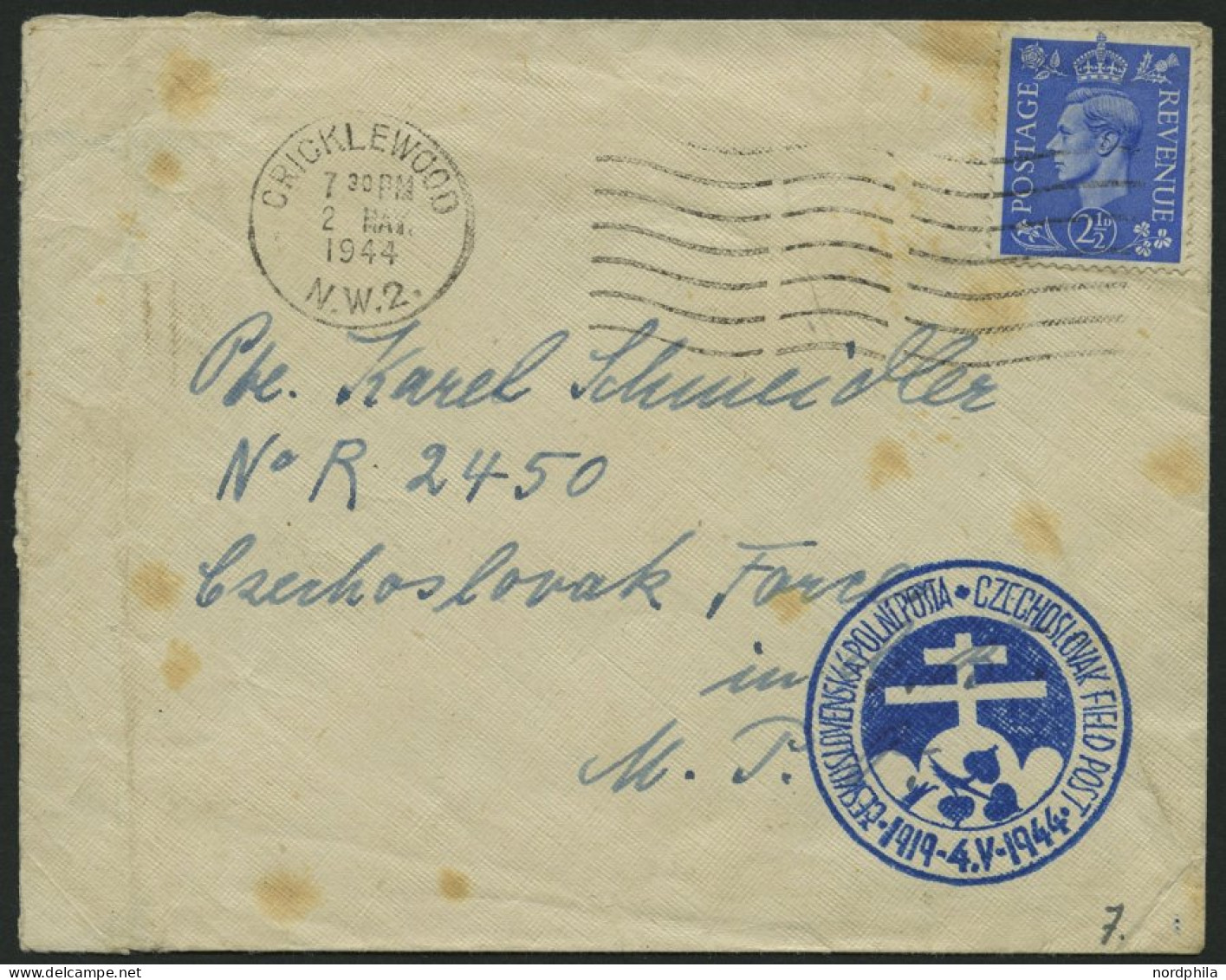 BRITISCHE MILITÄRPOST 1944, Brief An Einen Angehörigen Der Tschechischen Brigade, Mot. Aufklärungs-Zug, Ankunftsstempel  - Used Stamps