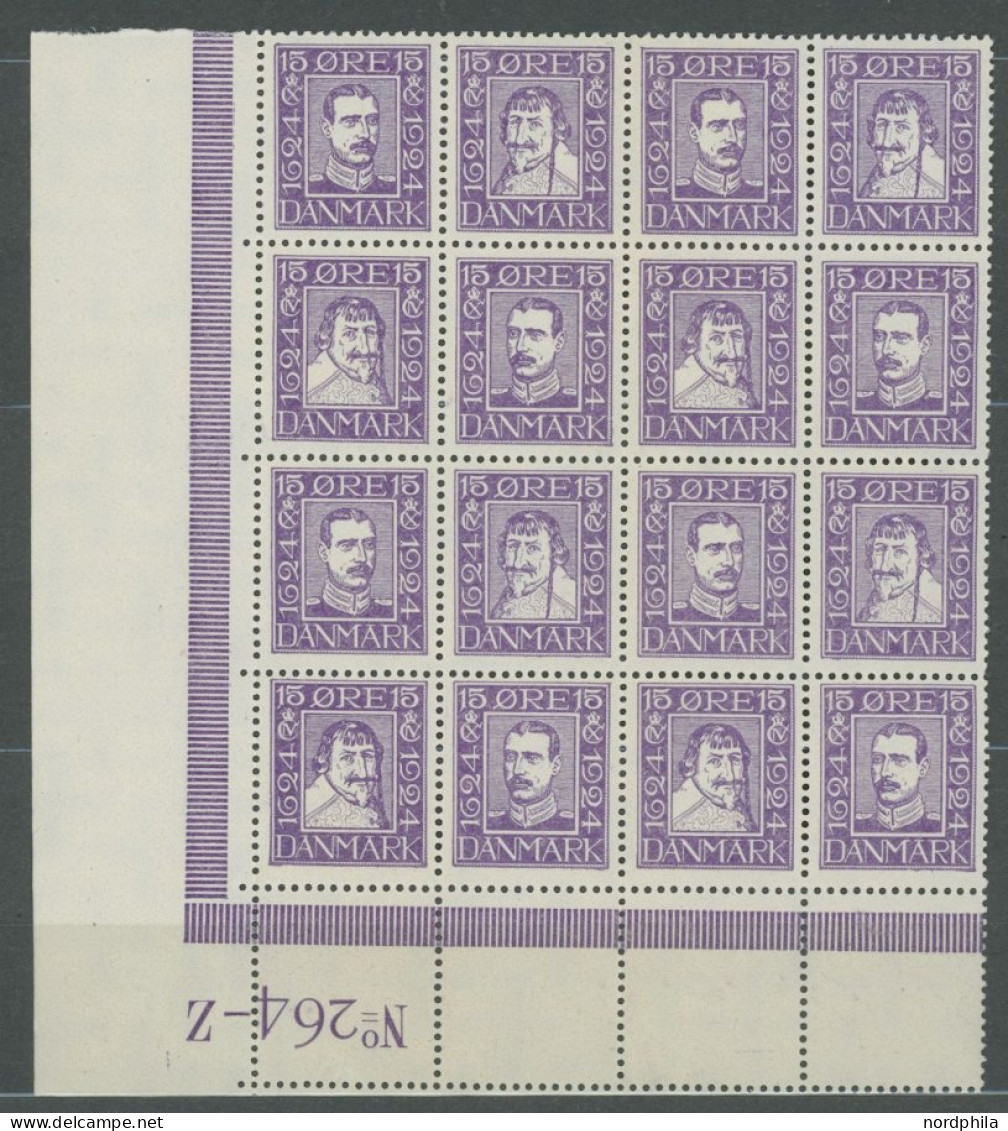 DÄNEMARK 131-42 **, 1924, 300 Jahre Dänische Post, Je Im Bogenteil Von 16 Stück (=4 Viererblocksätze), 15 Ø Aus Der Boge - Other & Unclassified