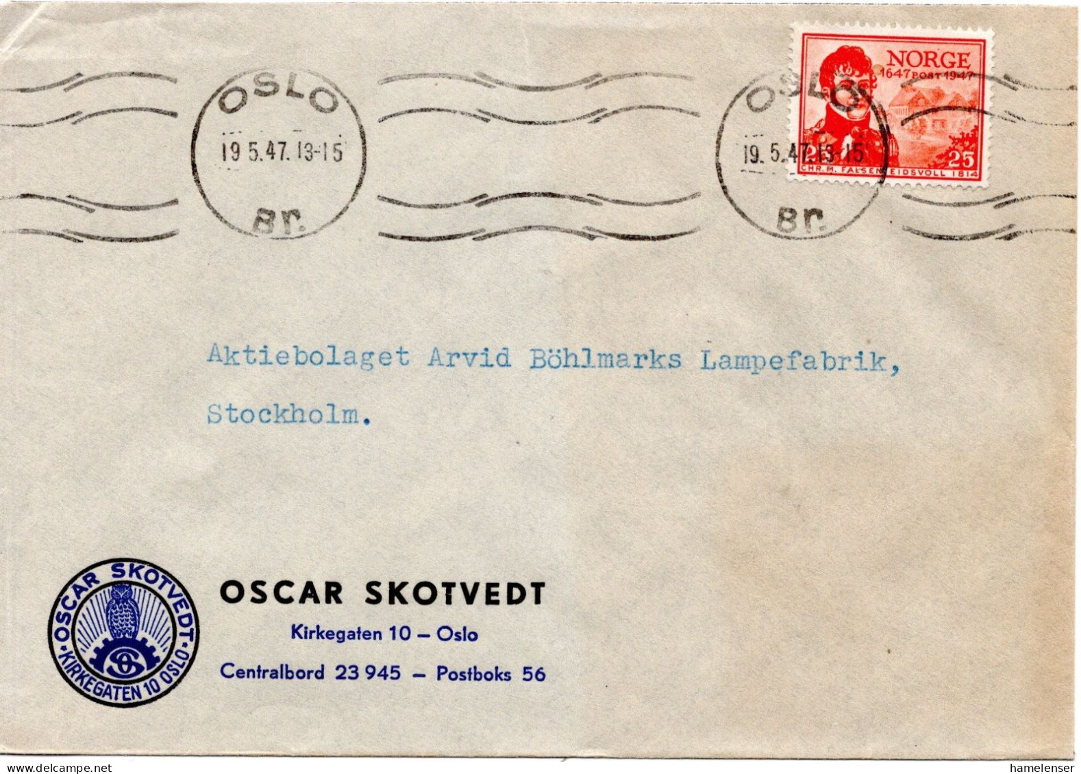 76558 - Norwegen - 1947 - 25o. Postjubilaeum EF A Bf OSLO -> Schweden - Lettres & Documents