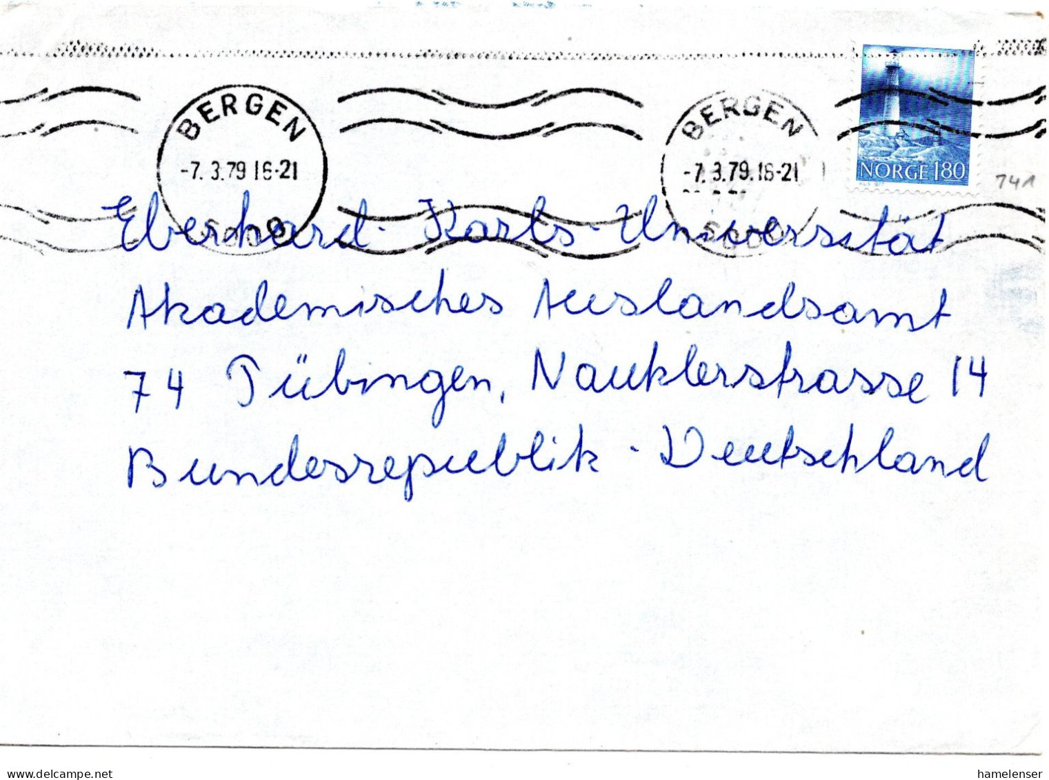 76559 - Norwegen - 1979 - 1,80Kr Leuchtturm EF A Bf BERGEN -> Westdeutschland - Phares