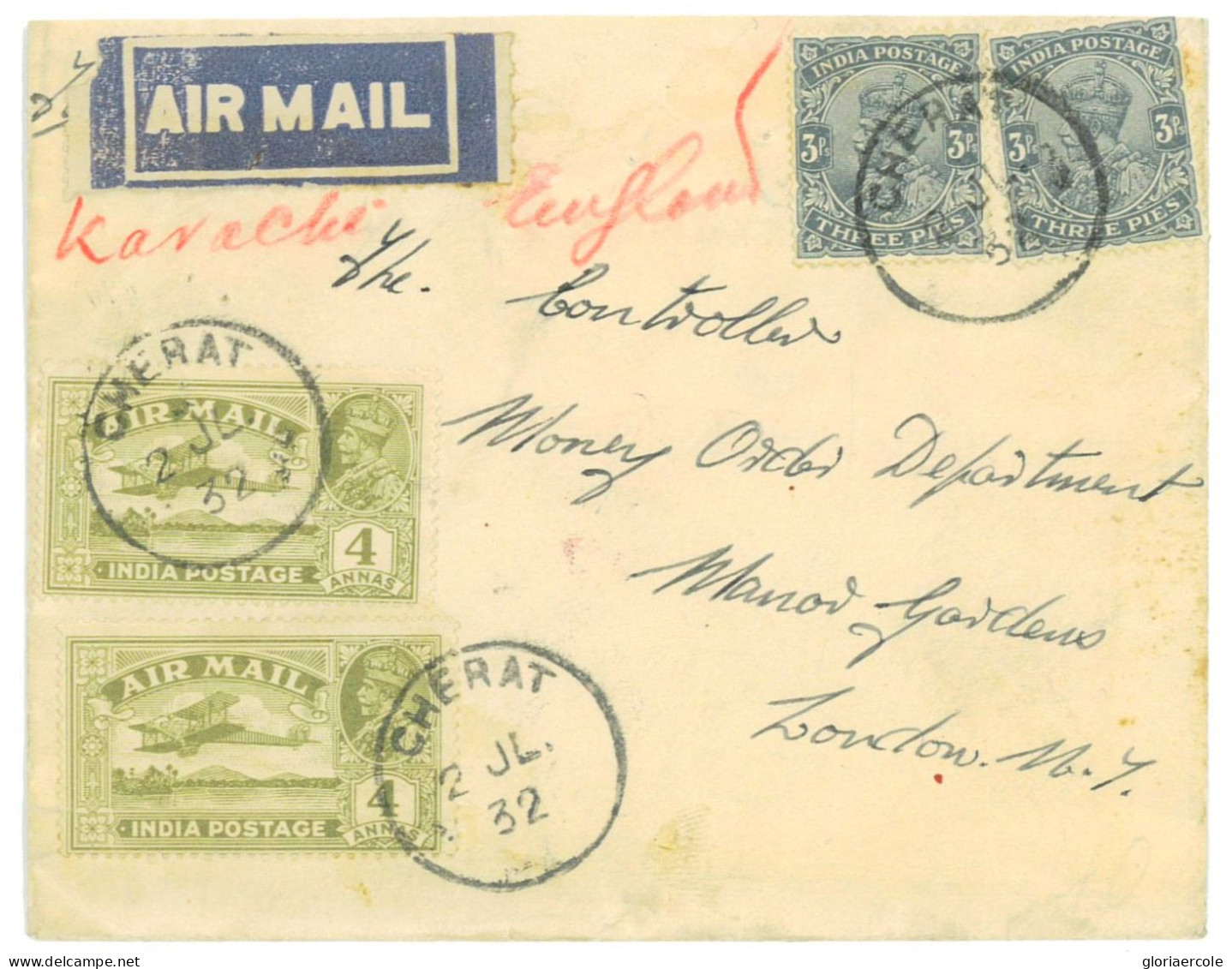 P2838 - INDIA, NICE AIR MAIL COVER FROM CHERAT TO LONDON 1932 - 1911-35 Koning George V