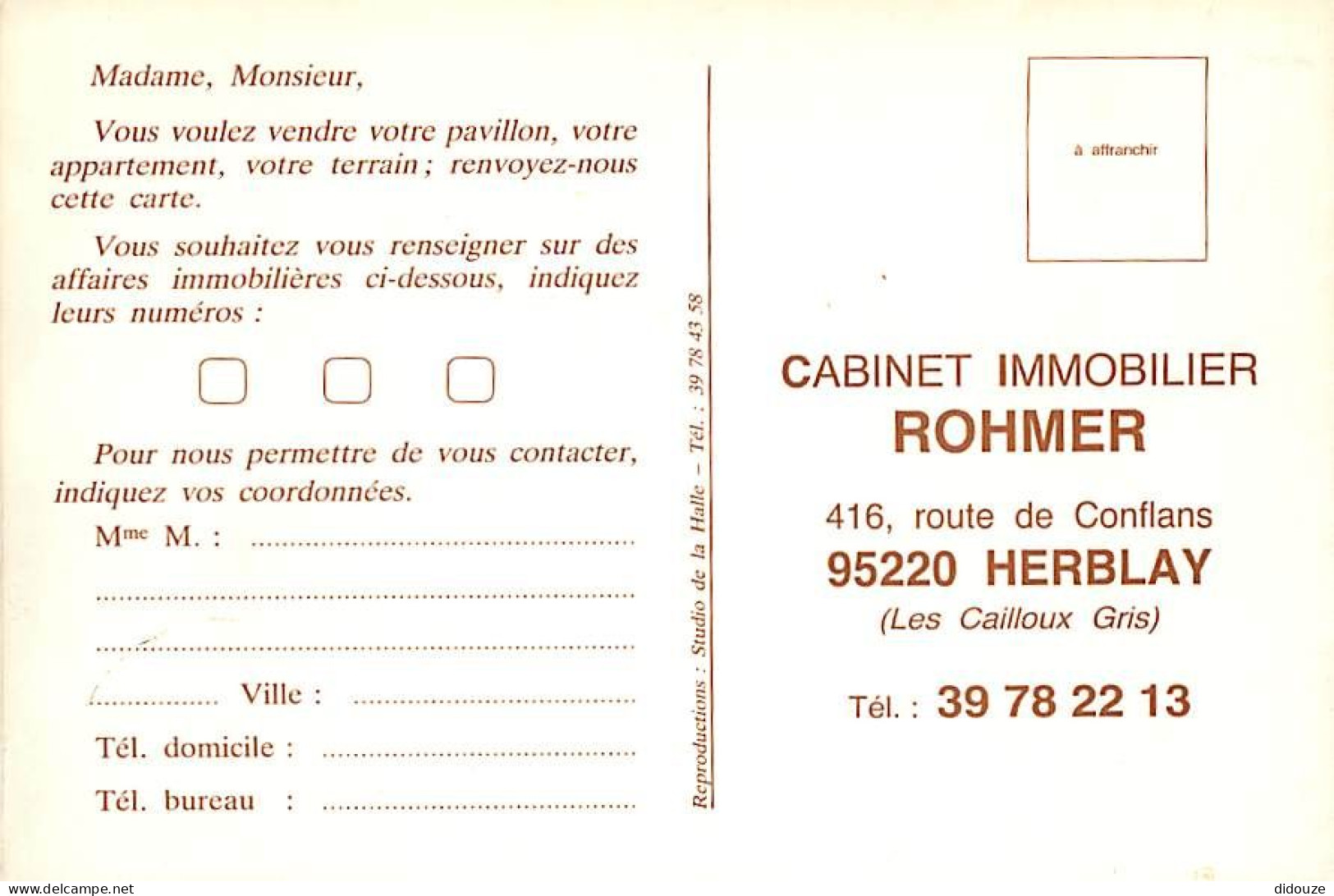 95 - Herblay - Reproduction De CPA - Grande Rue - Carte Publicitaire Cabinet Immobilier Rohmer - CPM - Voir Scans Recto- - Herblay
