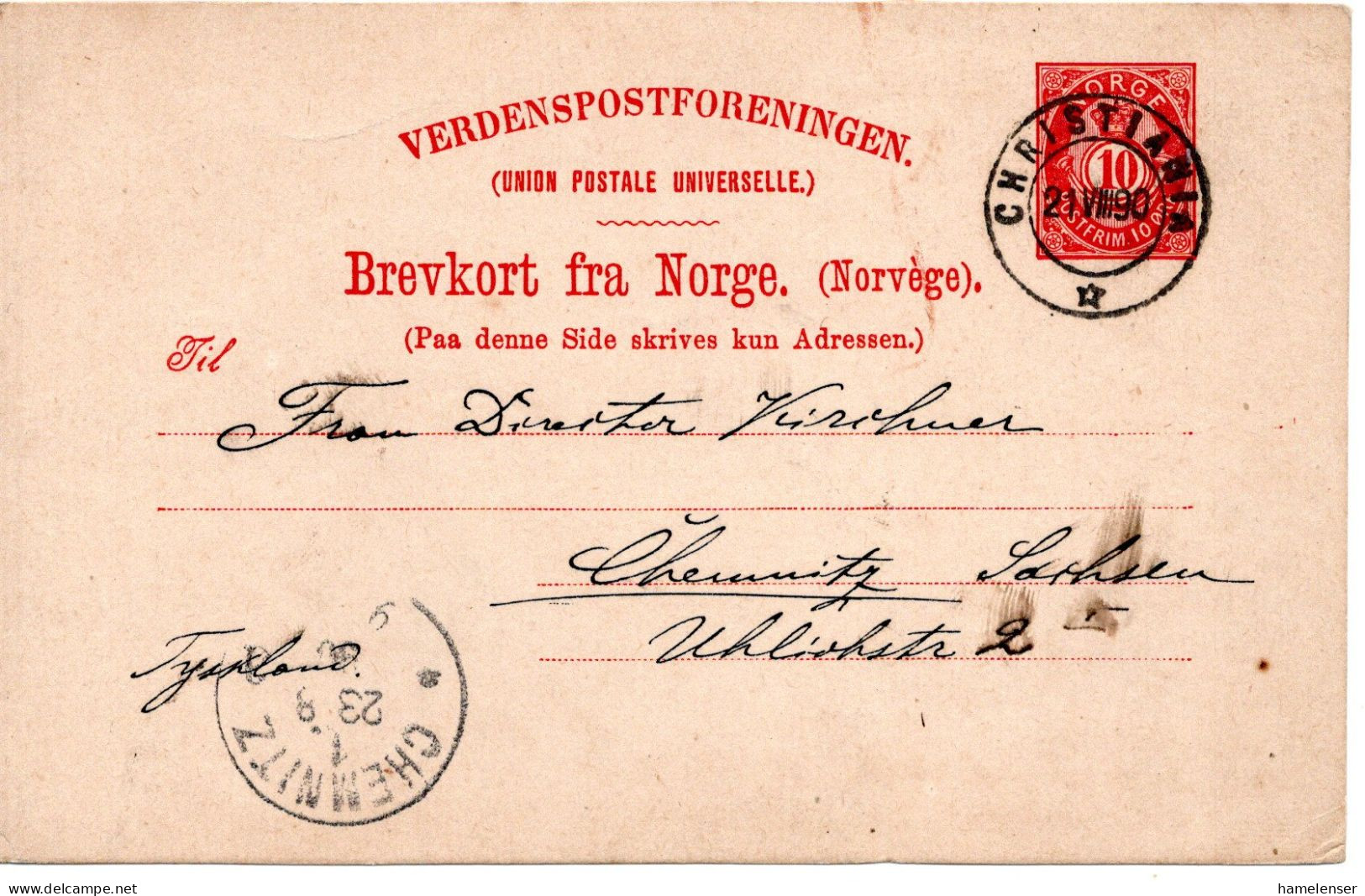 76560 - Norwegen - 1890 - 10o Posthorn GAKte CHRISTIANIA -> CHEMNITZ (Deutschland) - Cartas & Documentos