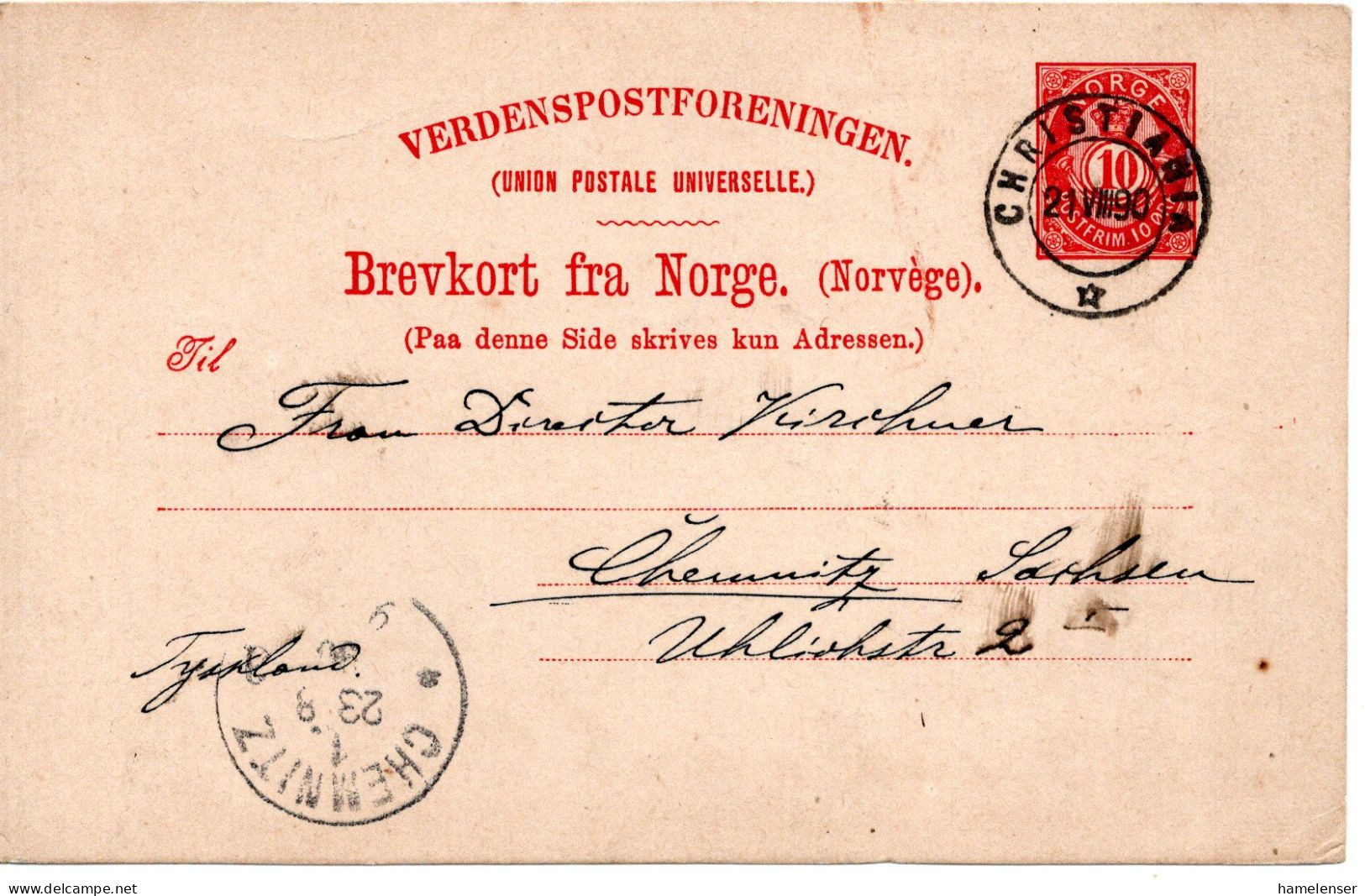 76560 - Norwegen - 1890 - 10o Posthorn GAKte CHRISTIANIA -> CHEMNITZ (Deutschland) - Covers & Documents