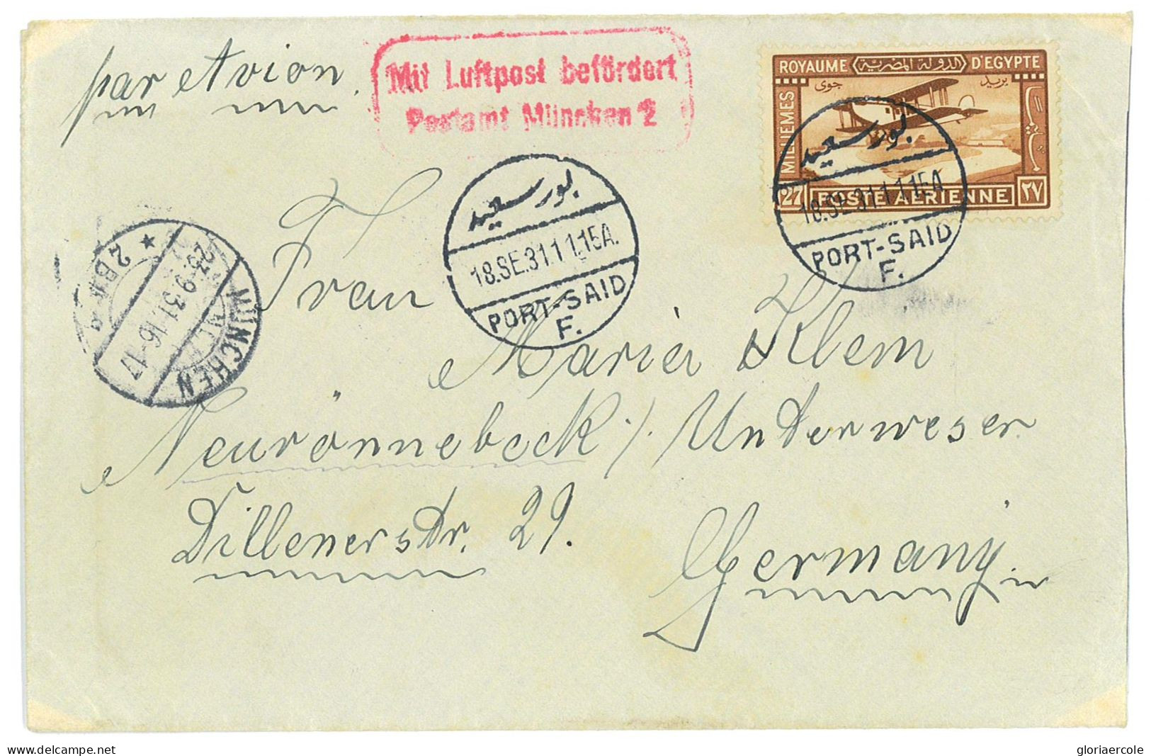 P2839 - EGYPT TO GERMANY 1931 USING A AIR MAIL EGYPT STAMP, FROM PORT SAID TO MÜNCHEN - Lettres & Documents