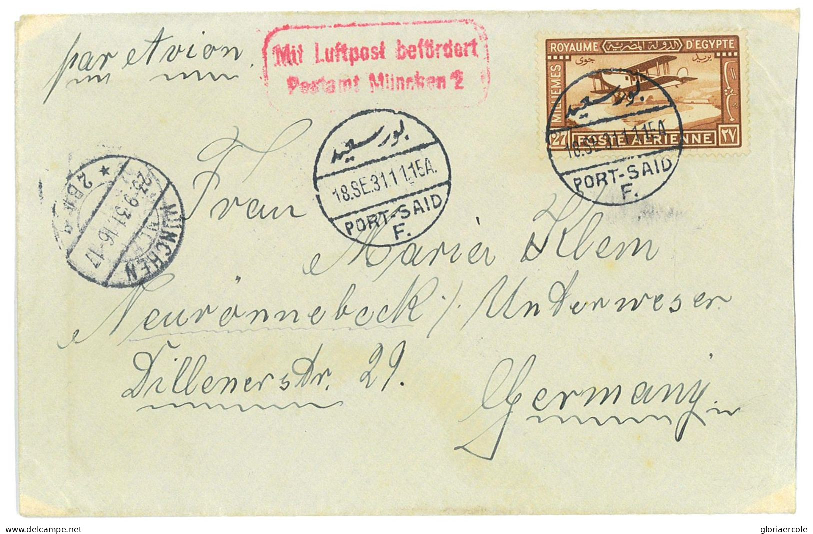 P2839 - EGYPT TO GERMANY 1931 USING A AIR MAIL EGYPT STAMP, FROM PORT SAID TO MÜNCHEN - Storia Postale