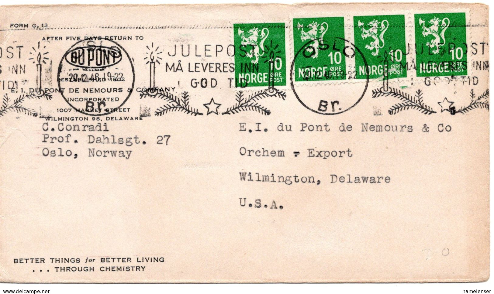 76561 - Norwegen - 1946 - 4@10o Wappen (1@Mgl) A Bf OSLO -> Wilmington, DE (USA) - Storia Postale