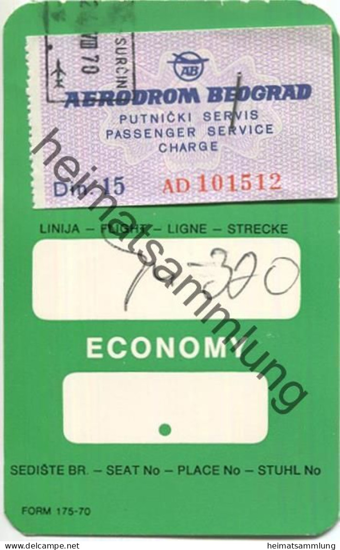 Boarding Pass - Aerodrom Beograd - Din 15 - Tarjetas De Embarque