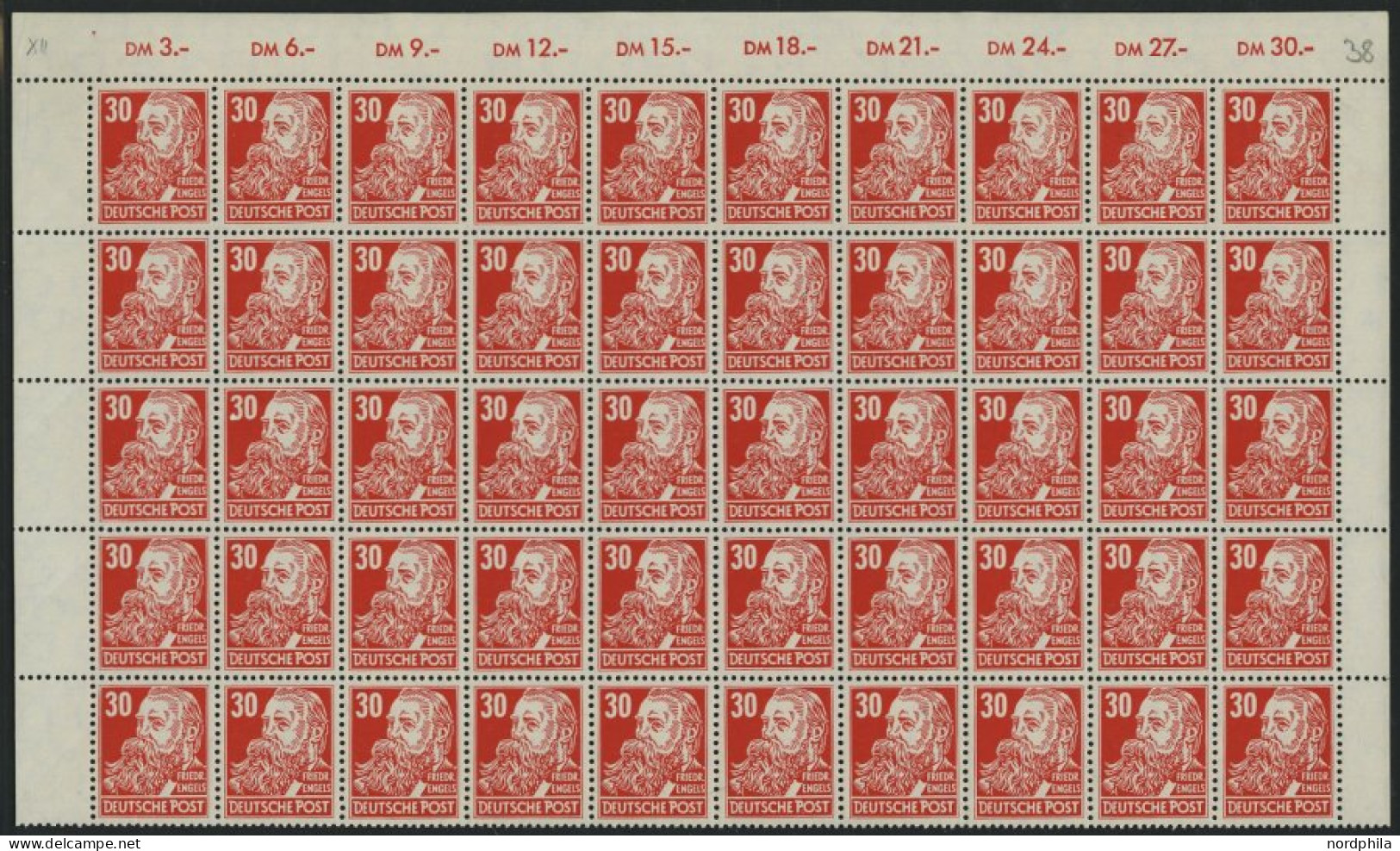 DDR 335vaXII **, 1953, 30 Pf. Rot Engels, Gestrichenes Papier, Wz. 2XII, 50x Im Bogenteil, Pracht, Mi. 1250.- - Used Stamps
