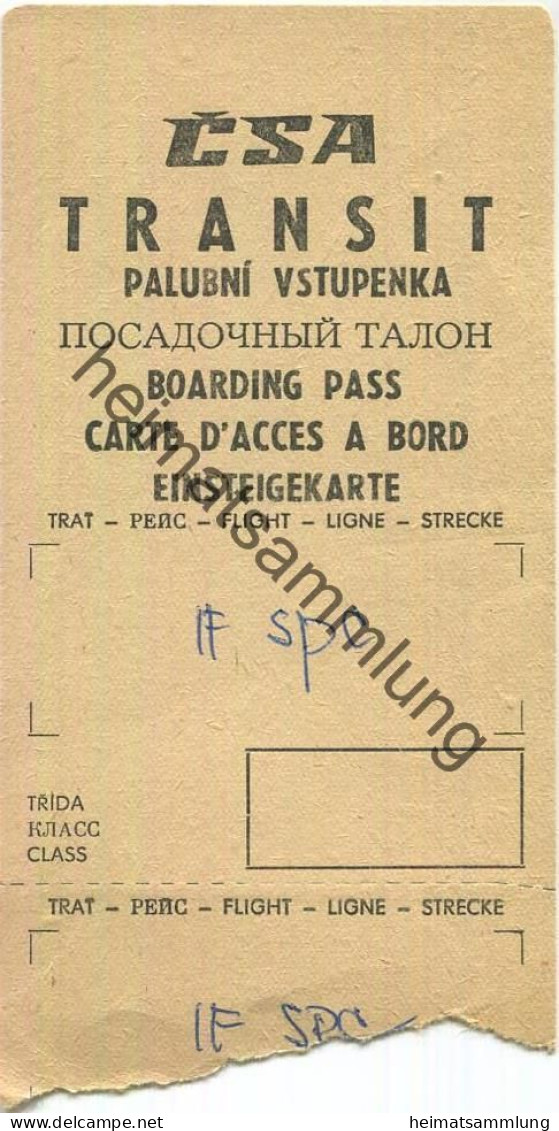 Boarding Pass - CSA Ceskoslovenske Aerolinie - Transit - Tarjetas De Embarque