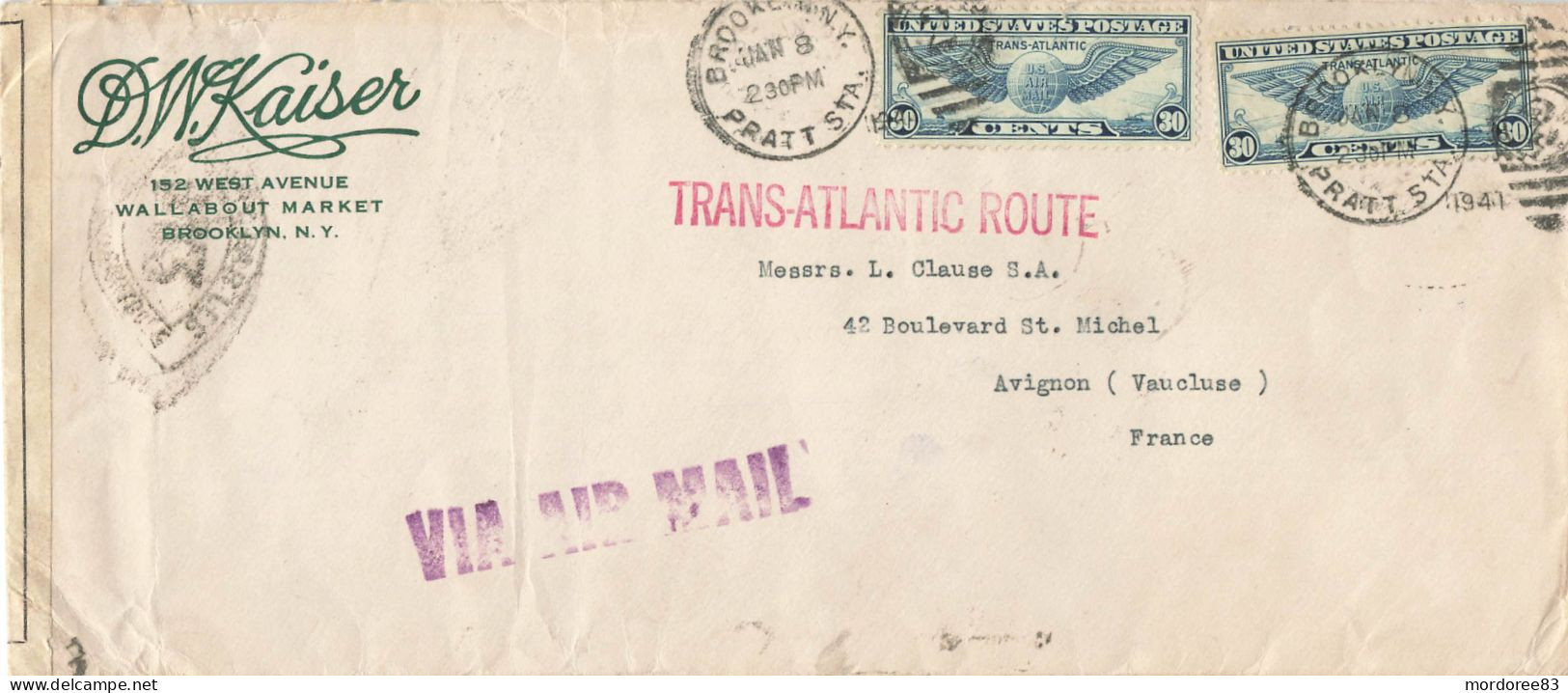 COVER USA VIA TRANS ATLANTIC ROUTE BROOKLYN 1941 CENSURE CONTROLE POUR FRANCE AVIGNON - Storia Postale