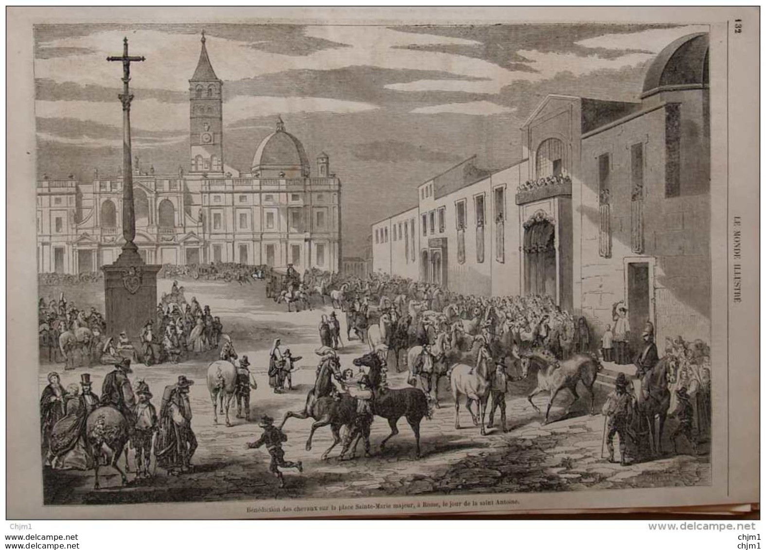 Bénédiction Des Chevaux Sur La Place Sainte-Marie Majeur, à Rome, Le Jour De La Saint Antoine - Page Original 1859 - Historical Documents