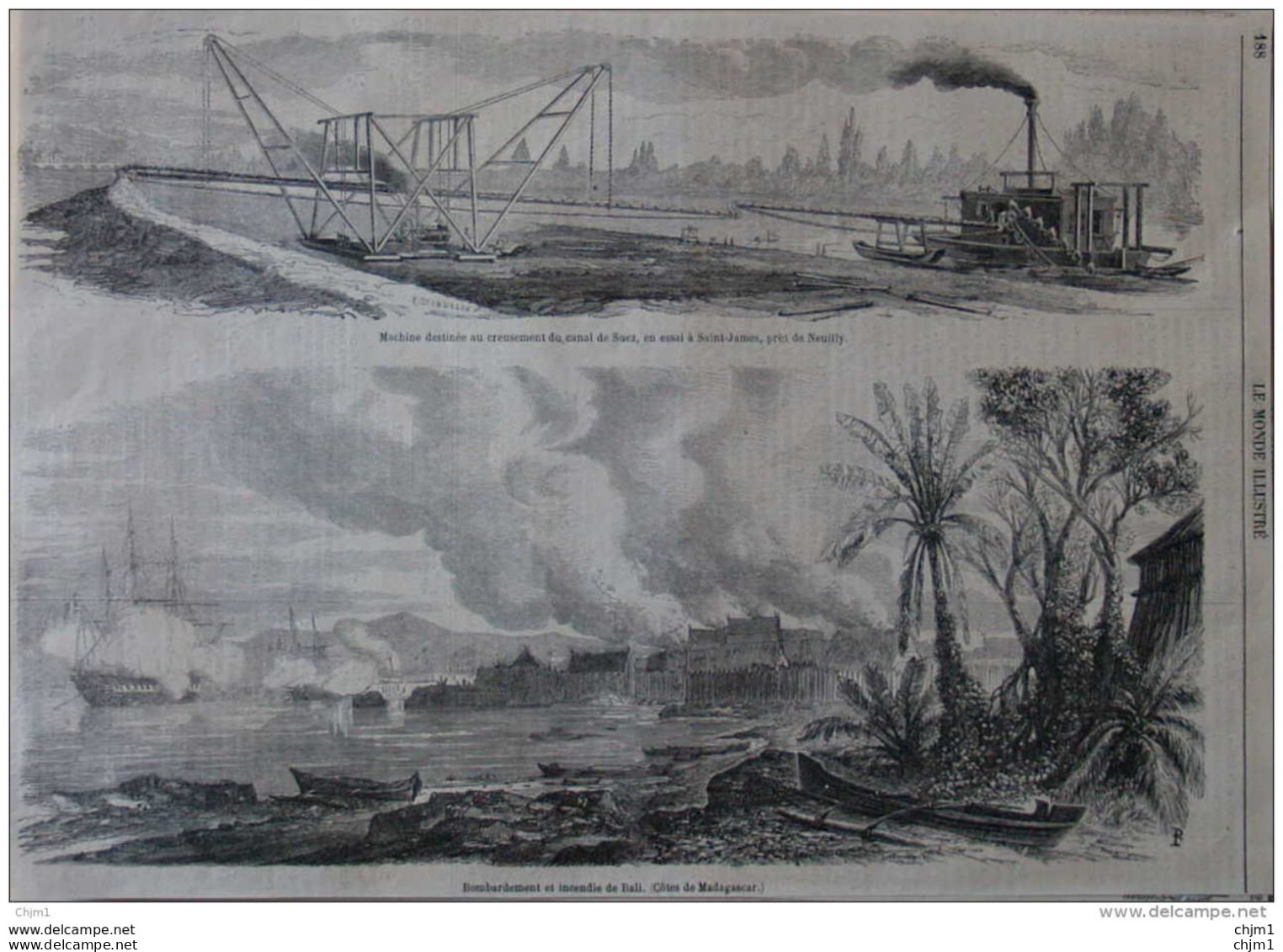 Bombardement Et Incendie De Bali . Machine Destinée Au Creusement Du Canal De Suez - Page Original 1859 - Historical Documents