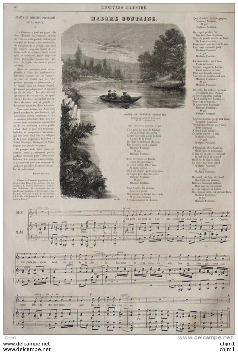 Chants Et Chansons Populaires - Madame Fontaine -  Page Original - 1859 - Historical Documents