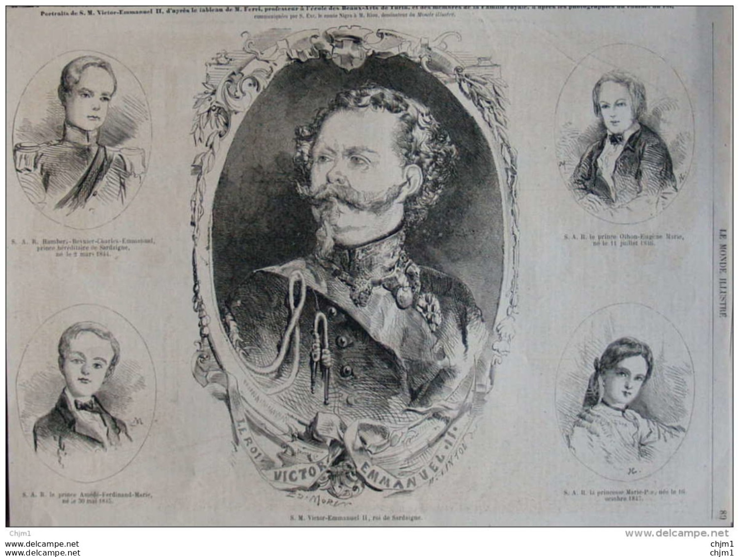 S. M. Victor-Emmanuel II, Roi De Sardaigne - Prince Othon-Eugène Marie - Princesse Marie-Pia - Page Original 1859 - Historical Documents