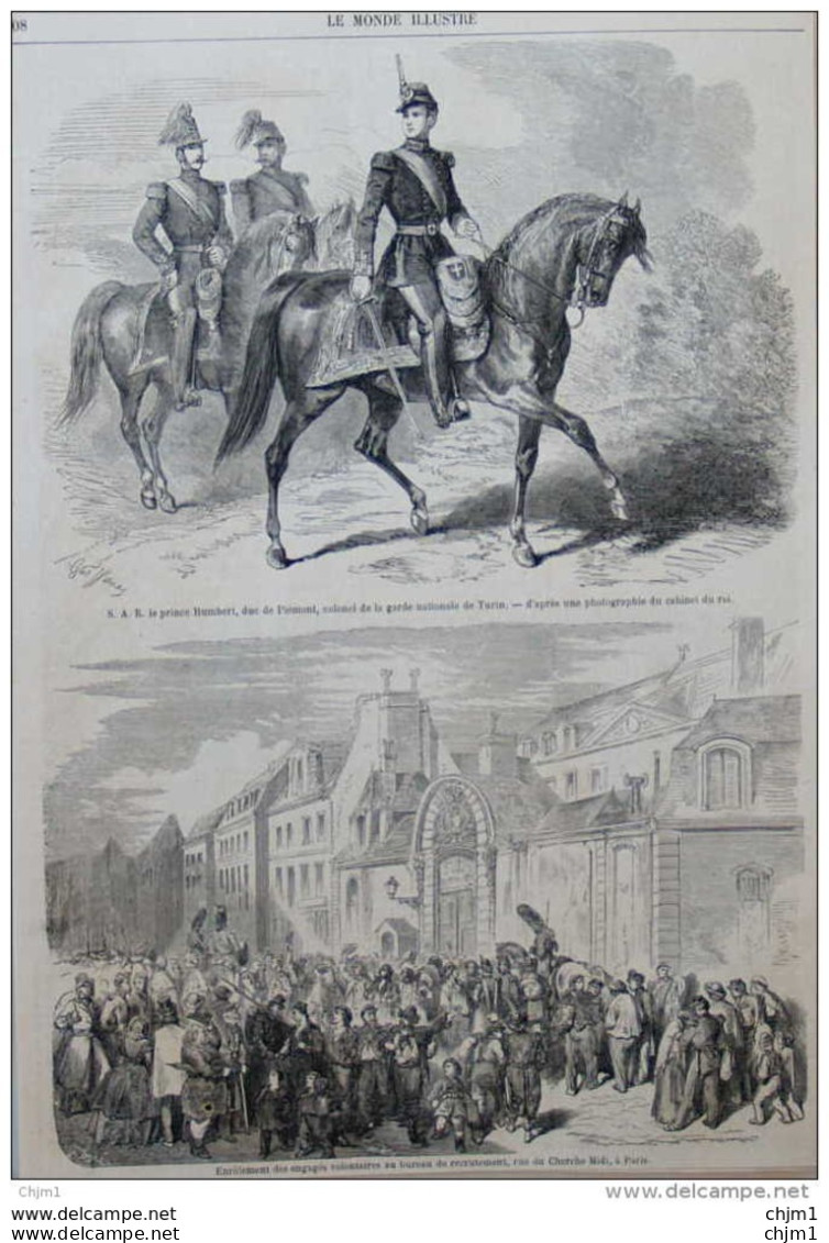 S.A.R. Le Prince Humbert, Duc De Piémont, Colonel De La Garde Nationale De Turin  - Page Original 1859 - Historical Documents