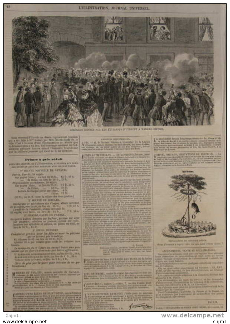 Sérénade Donnée Par Les étudiants D'Utrecht à Madame Ristori -  Page Original 1859 - Historical Documents