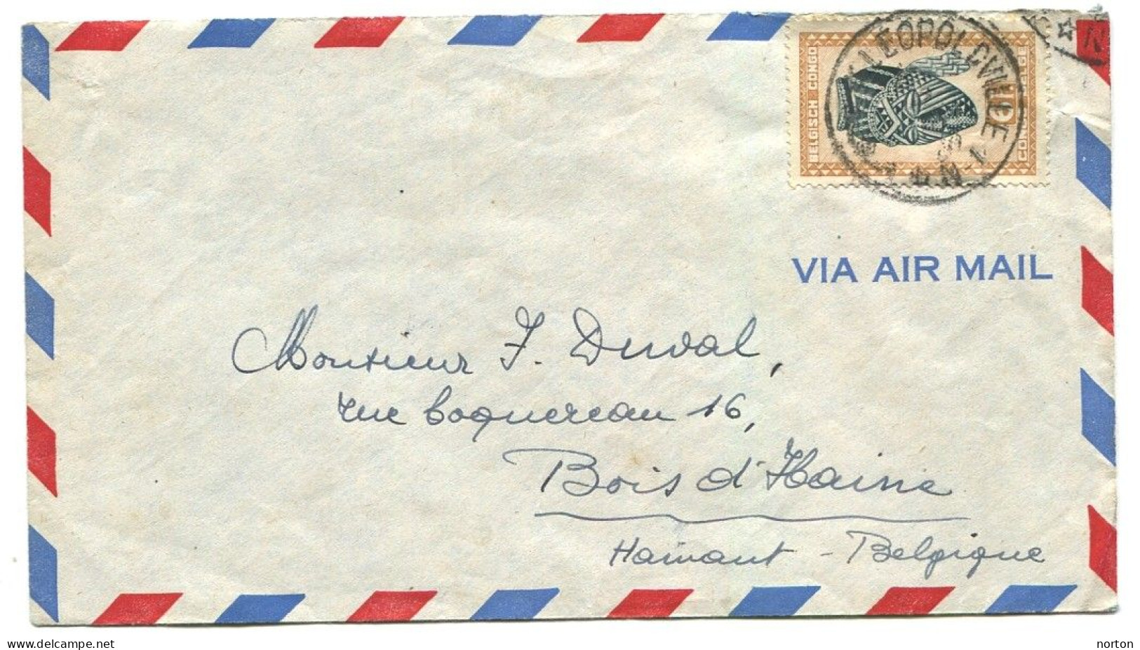 Congo Léopoldville 1 Oblit. Keach 10(-N)Dmyt Sur C.O.B. 291 Sur Lettre Vers Bois-d'Haine - Storia Postale
