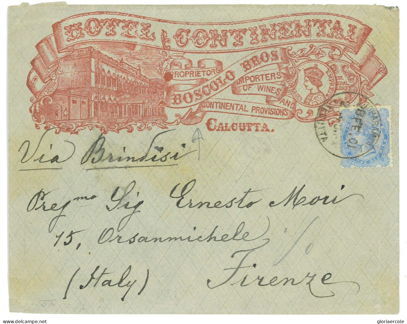 P2841 - INDIA 1901 VERY NICE DECORATIVE HOTEL COVER, FROM CALCUTTA TO FIRENZE - 1882-1901 Empire