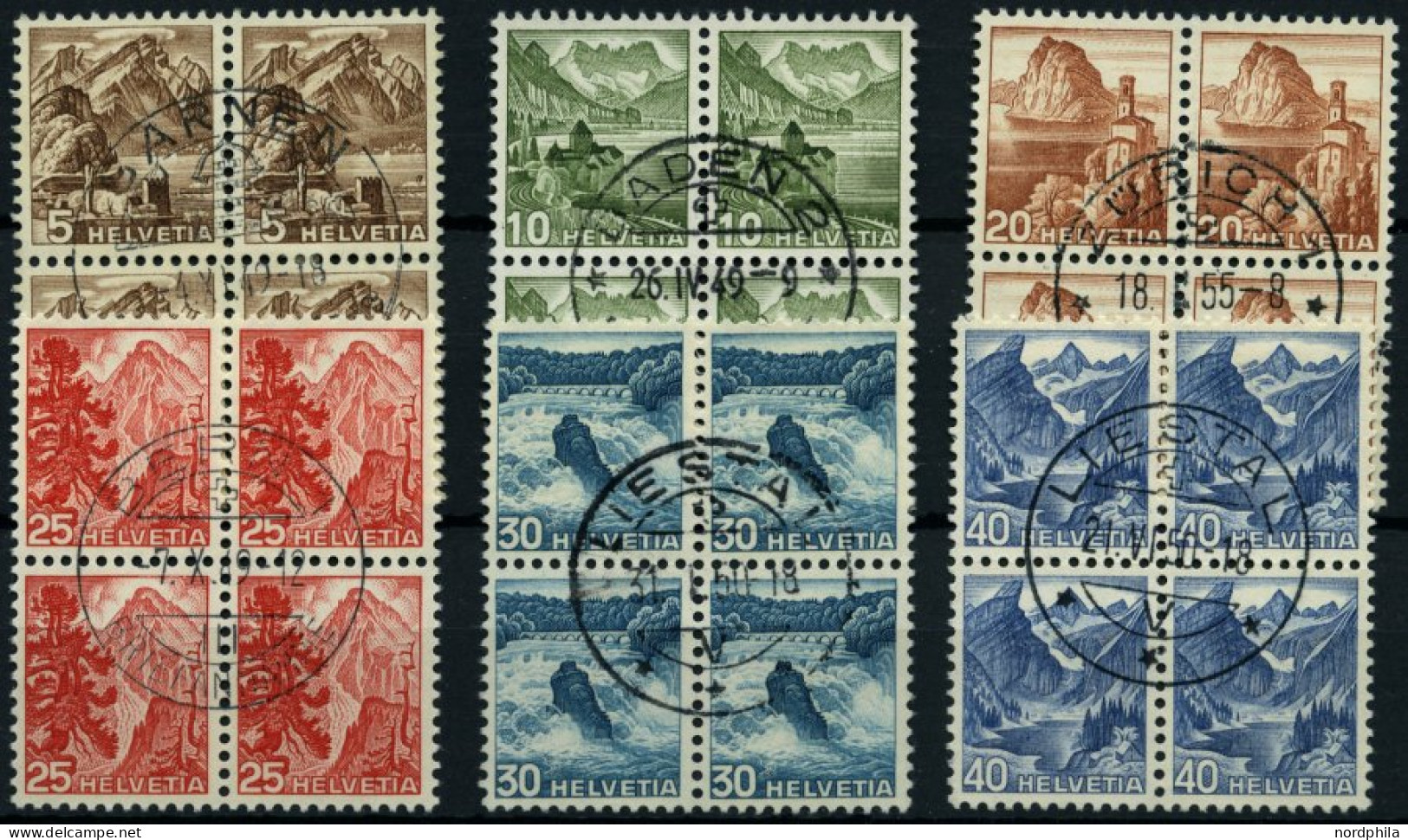 SCHWEIZ BUNDESPOST 500-05  VB O, 1948, Landschaften In Zentrisch Gestempelten Viererblocks, Prachtsatz - Used Stamps