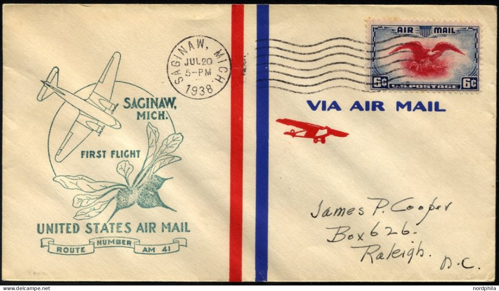 US-FLUGPOST 20.7.1938, AM-Erstflug SAGINAW-RALEIGH, Prachtbrief - 1c. 1918-1940 Brieven