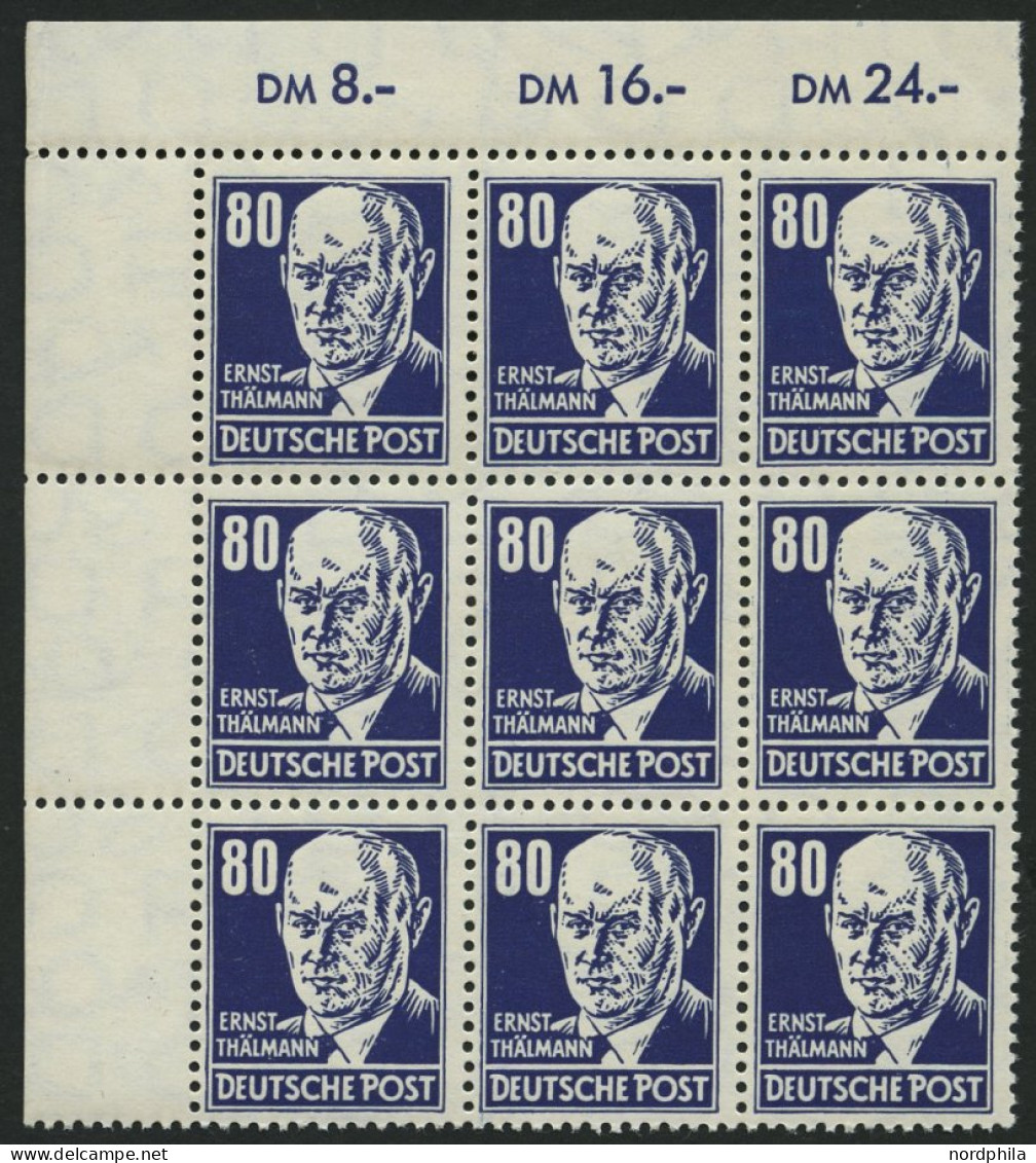 DDR 339PFIII **, 1952, 80 Pf. Thälmann Mit Plattenfehler Fleck Am Kinn Und Strich Am Kragen (Feld 23) Im Neunerblock Aus - Used Stamps