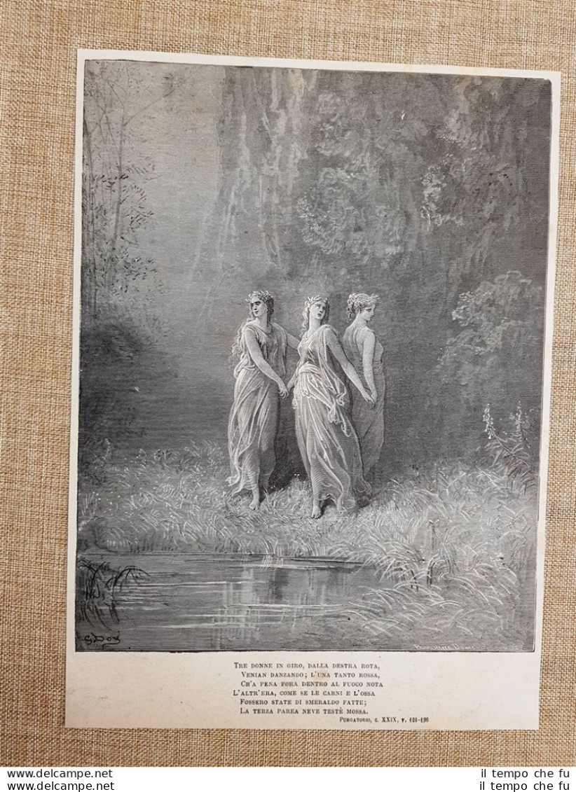 Tre Virtù Teologali Divina Commedia Purgatorio Incisione Gustave Doré Del 1887 - Avant 1900