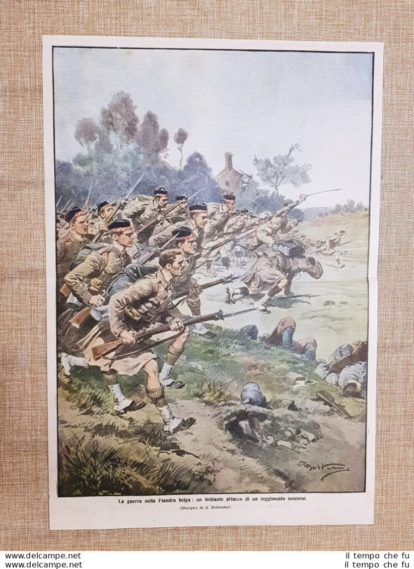 Retrocopertina La Domenica Del Corriere Del 1914 Fiandre Reggimento Scozzese WW1 - Altri & Non Classificati