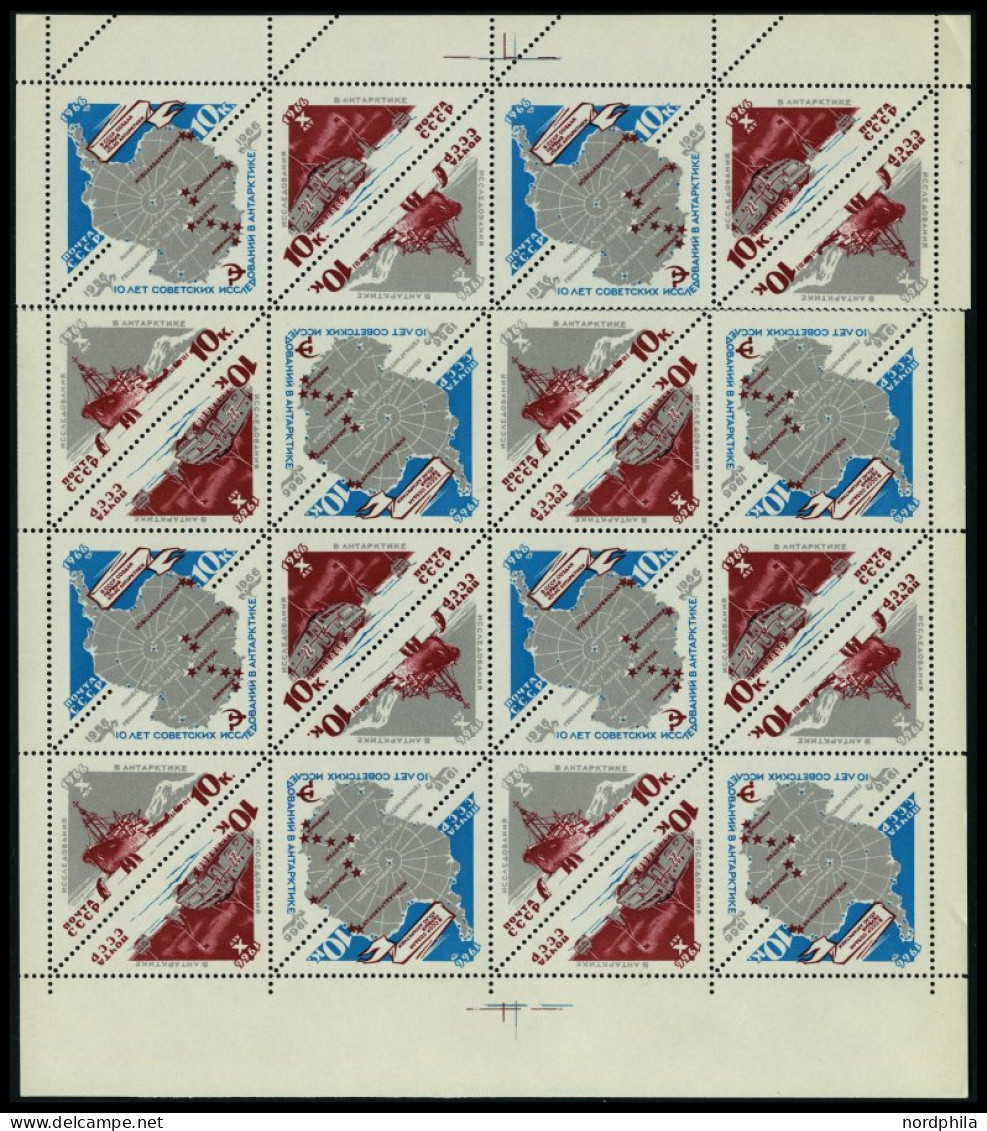 SOWJETUNION 3181-83 **, 1966, Antarktisforschung, Kleinbogen Mit 4 Viererblock-Kehrdruckpaaren, Pracht, Mi. 80.- - Usati