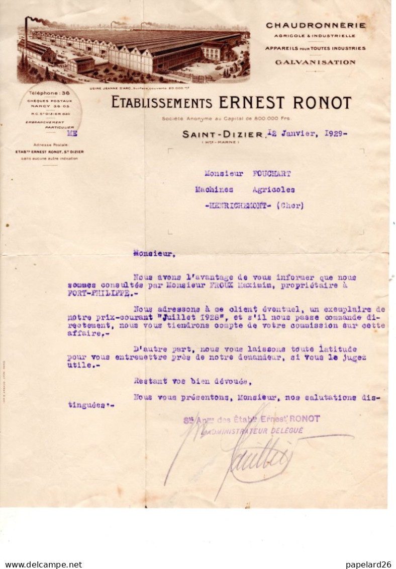 HAUTE MARNE  SAINT DIZIER CHAUDRONNERIE  E RONOT ANNEE 1929 FORMAT A4 - Artigianato