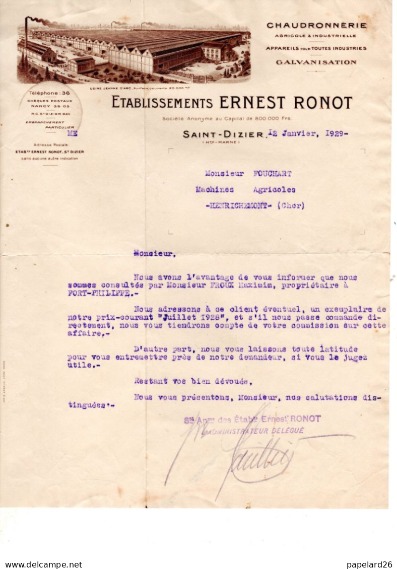 HAUTE MARNE  SAINT DIZIER CHAUDRONNERIE  E RONOT ANNEE 1929 FORMAT A4 - Straßenhandel Und Kleingewerbe