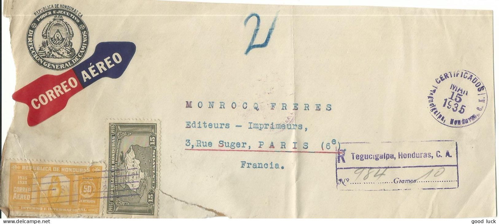 HONDURAS LETTRE RECOMMANDEE PAR AVION 65c TEGUCIGALPA POUR PARIS ( FRANCE ) DE 1935 LETTRE COVER - Honduras