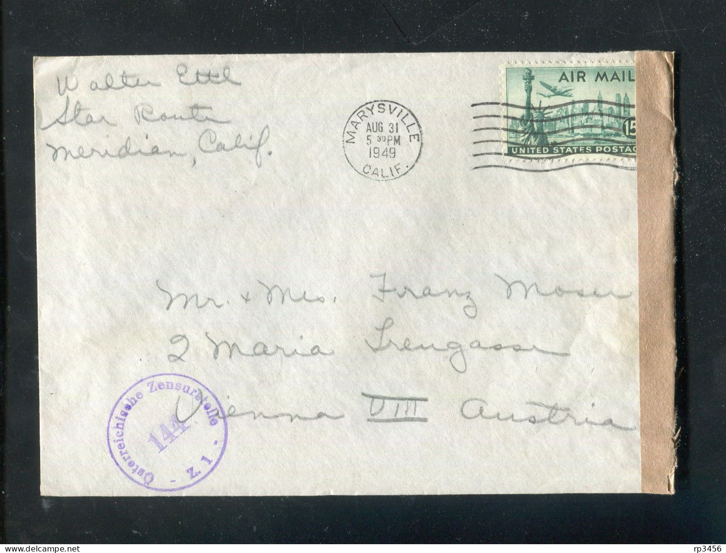 "USA" 1949, Brief Mit "ZENSUR" (Oesterreichische Zensurstelle) Ex MARY VILLE CALIF. Nach Wien (R0113) - Storia Postale