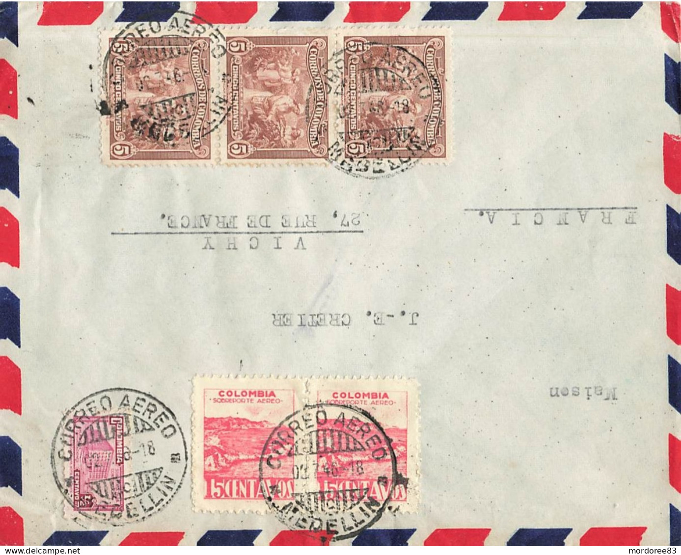 COLOMBIE YT PA 143 X 2+ 327 X3 + 383  COVER AIR MAIL MEDELLIN CORREO AERO 2/07/1946 FROM FRANCE VICHY - Kolumbien