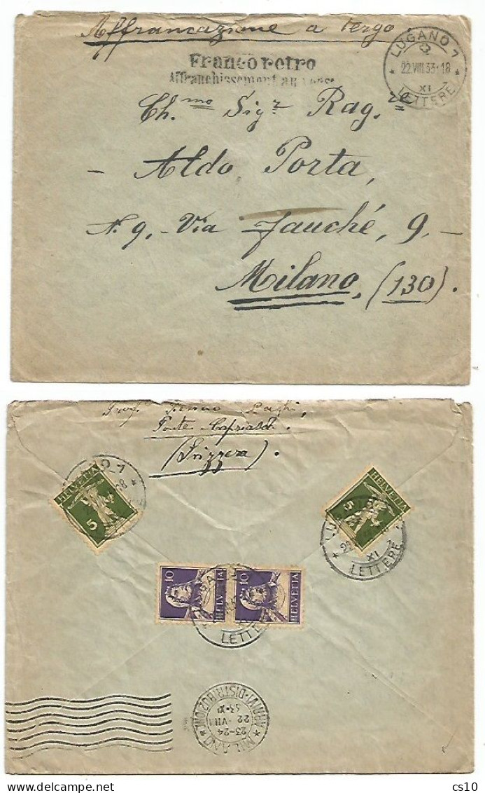 Suisse Lugano 22aug1933 Cv To Italy With Nice Franking At Versus - Marcophilie