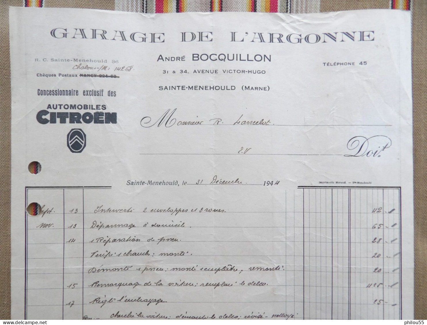 CITROEN 51 SAINTE MENEHOULD  A. Bocquillon Garage De L'ARGONNE Pour R. Lancelot WW2 - Auto's