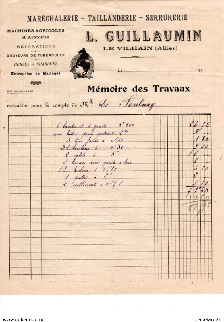 ALLIER  LE VILHAIN  MARECHALERIE L GUILLAUMIN ANNEE 1920 FORMAT A4 - Petits Métiers