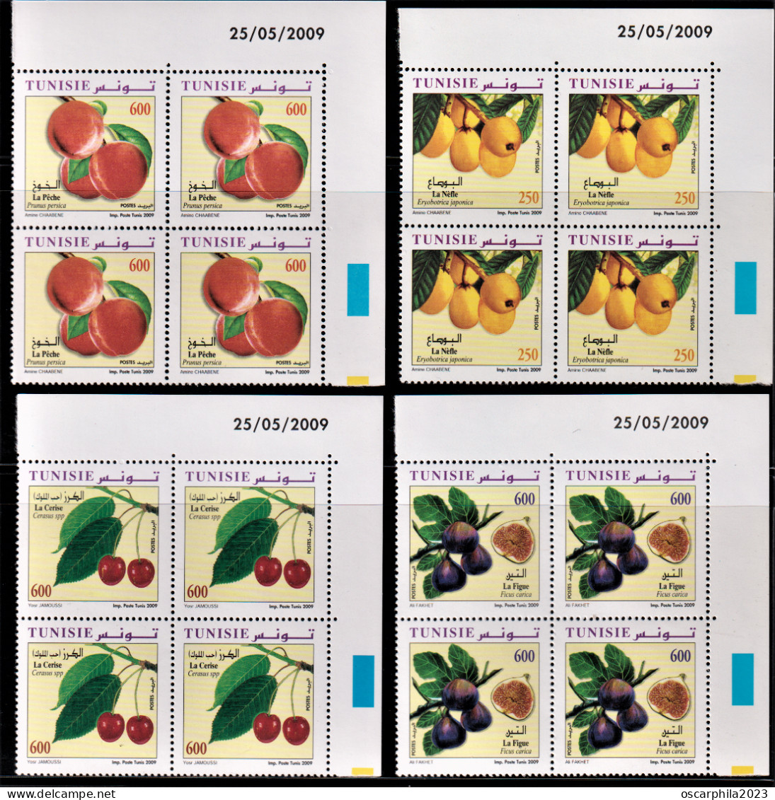 2009- Tunisie - Y&T 1639-- 1642 -Fruits De Tunisie - Série Complete - 4bloc De 4coin Daté 16V MNH***** - Frutta