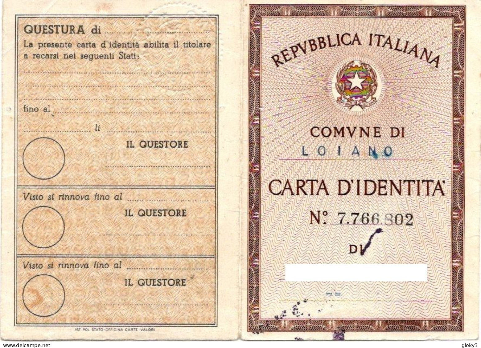 CARTA D'IDENTITA' EMESSA A LOIANO 1959 - Matasellos Generales