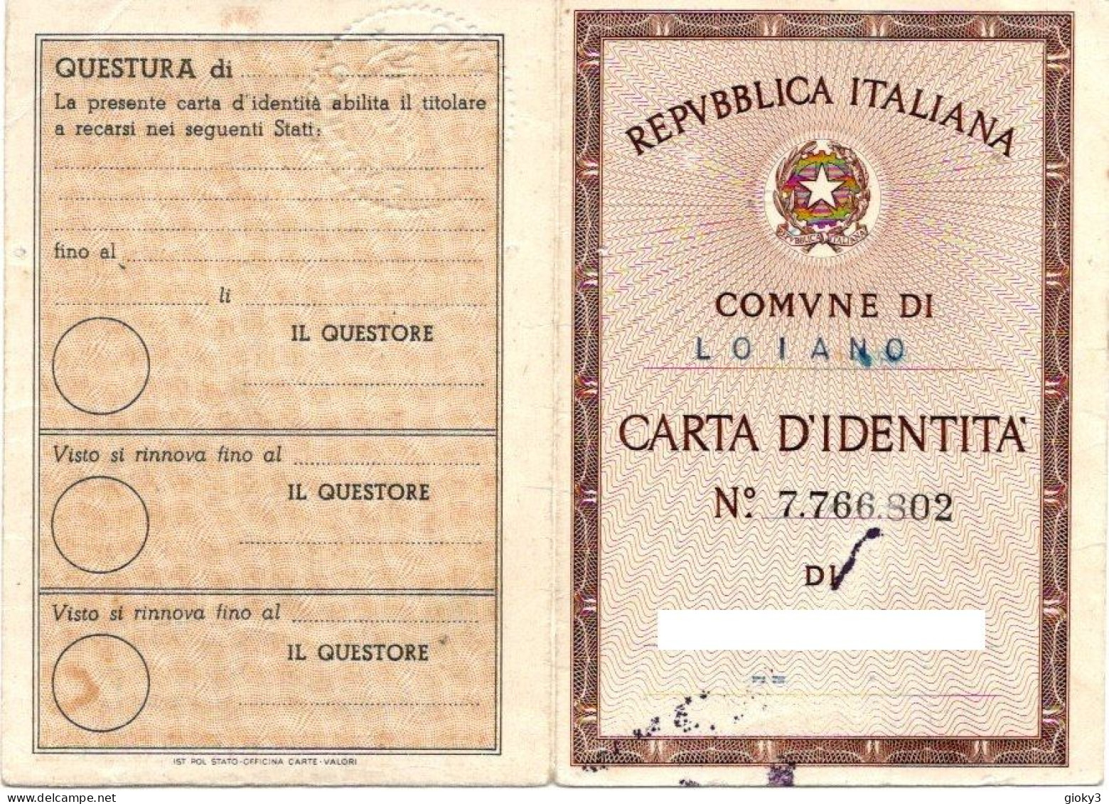 CARTA D'IDENTITA' EMESSA A LOIANO 1959 - Gebührenstempel, Impoststempel