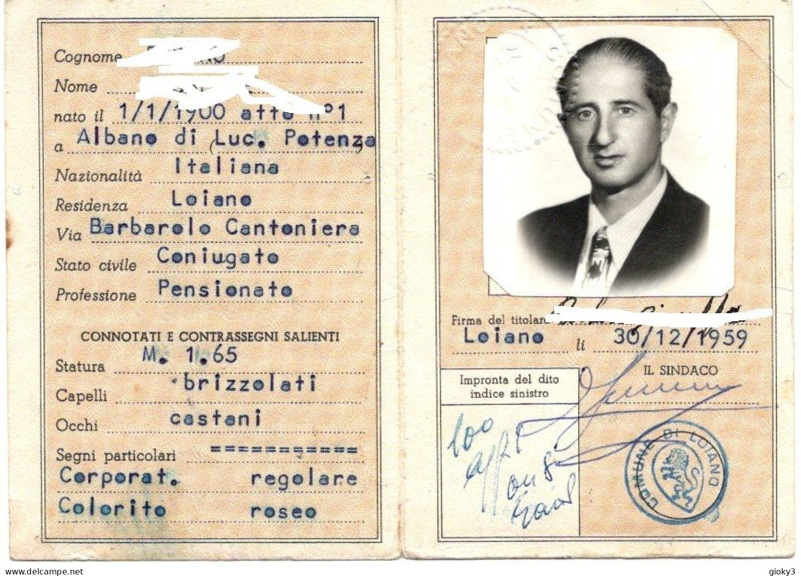 CARTA D'IDENTITA' EMESSA A LOIANO 1959 - Timbri Generalità