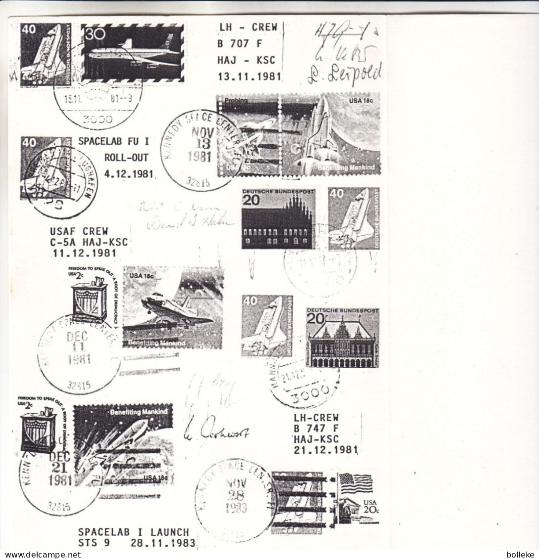 Etats Unis - République Fédérale - Document De 1981 / 83 - Oblit Kennedy Space Center Et Hannover - Avec 8 Signatures - - Cartas & Documentos