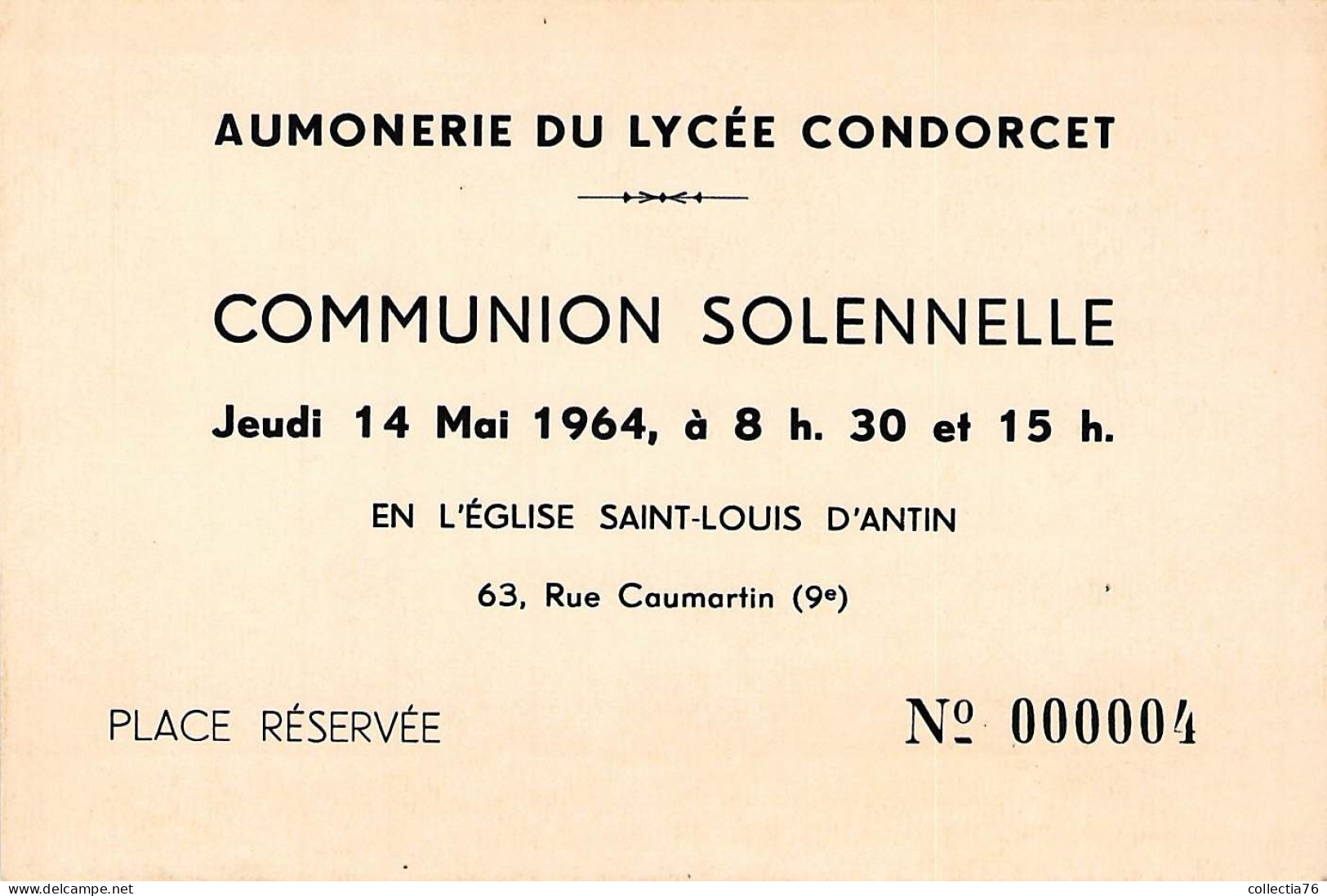 VIEUX PAPIERS FAIRE PART COMMUNION 75 PARIS AUMONERIE LYCEE CONDORCET 14 MAI 1964 - Communie
