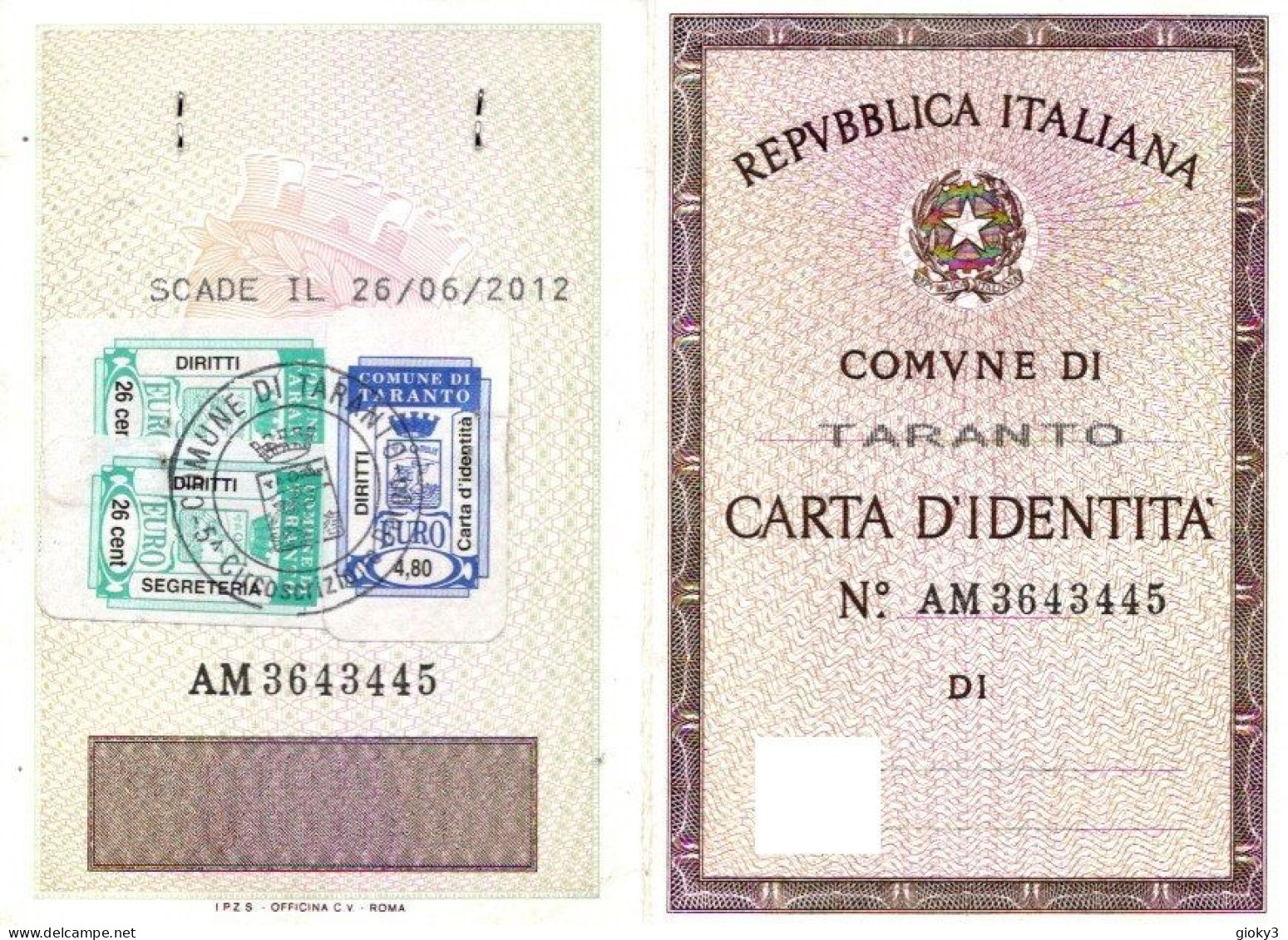 CARTA D'IDENTITA' EMESSA A TARANTO 2007 - Timbri Generalità