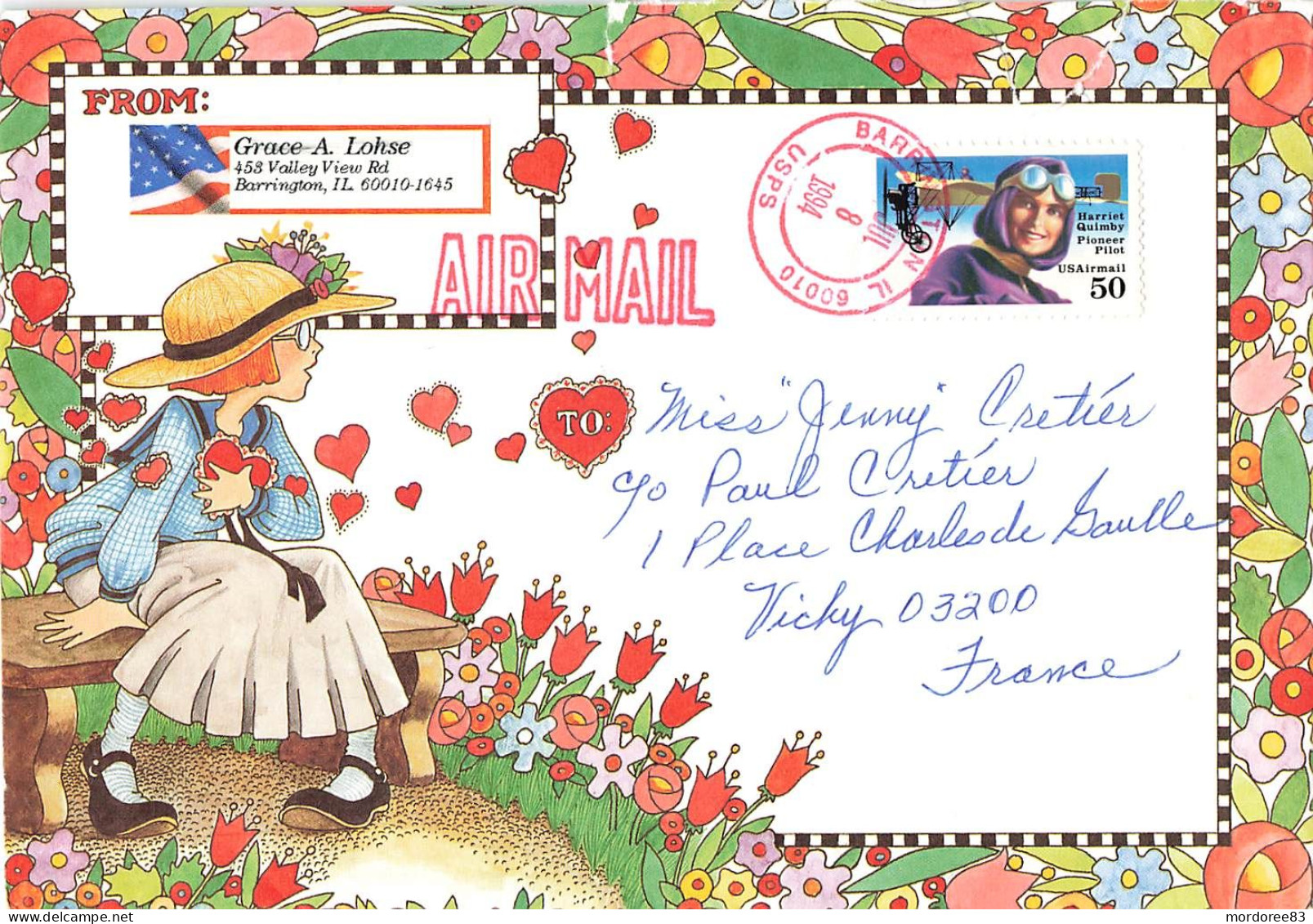 ENVELOPPE AIR MAIL ILLUSTREE FLEURS ET COEURS BARRINGTON 8/7/1994 POUR FRANCE VICHY - Briefe U. Dokumente