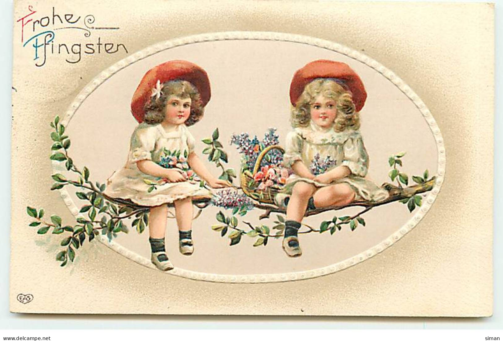 N°20392 - Carte Gaufrée - Fröhe Pfingsten - Fillettes Assises Sur Une Branche Fleurie - Pinksteren