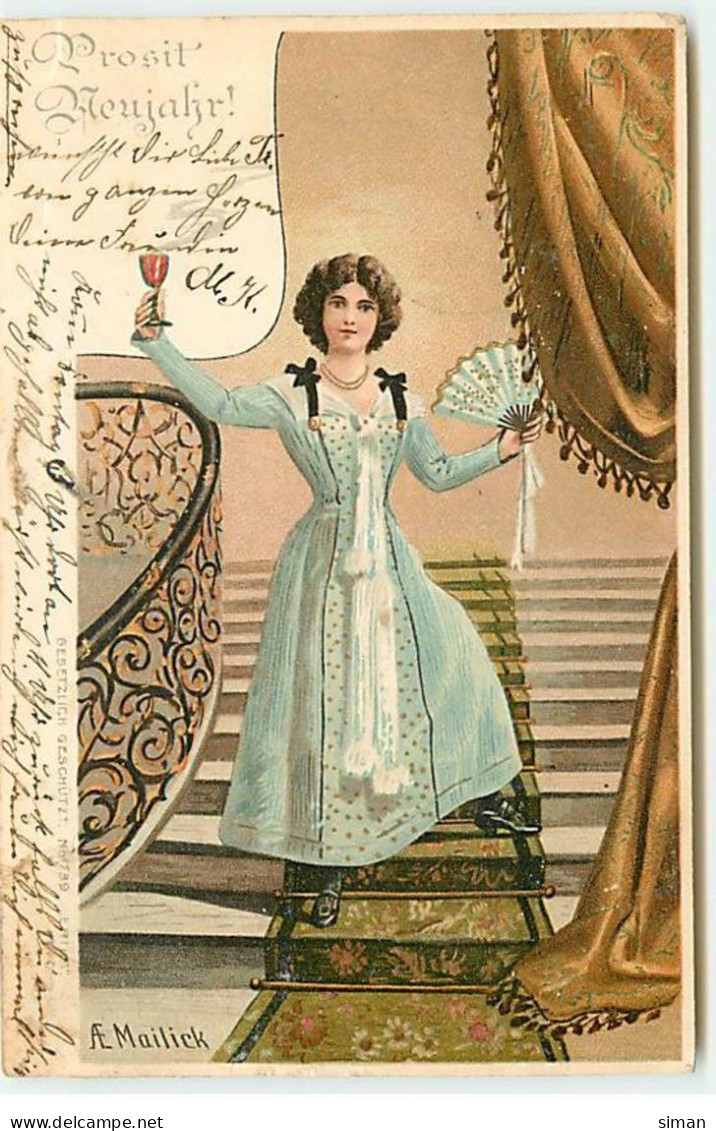 N°18260 - A. Mailick - Prosit Neujahr - Jeune Femme Dans Un Escalier Levant Un Verre Et Tenant Un éventail - Mailick, Alfred